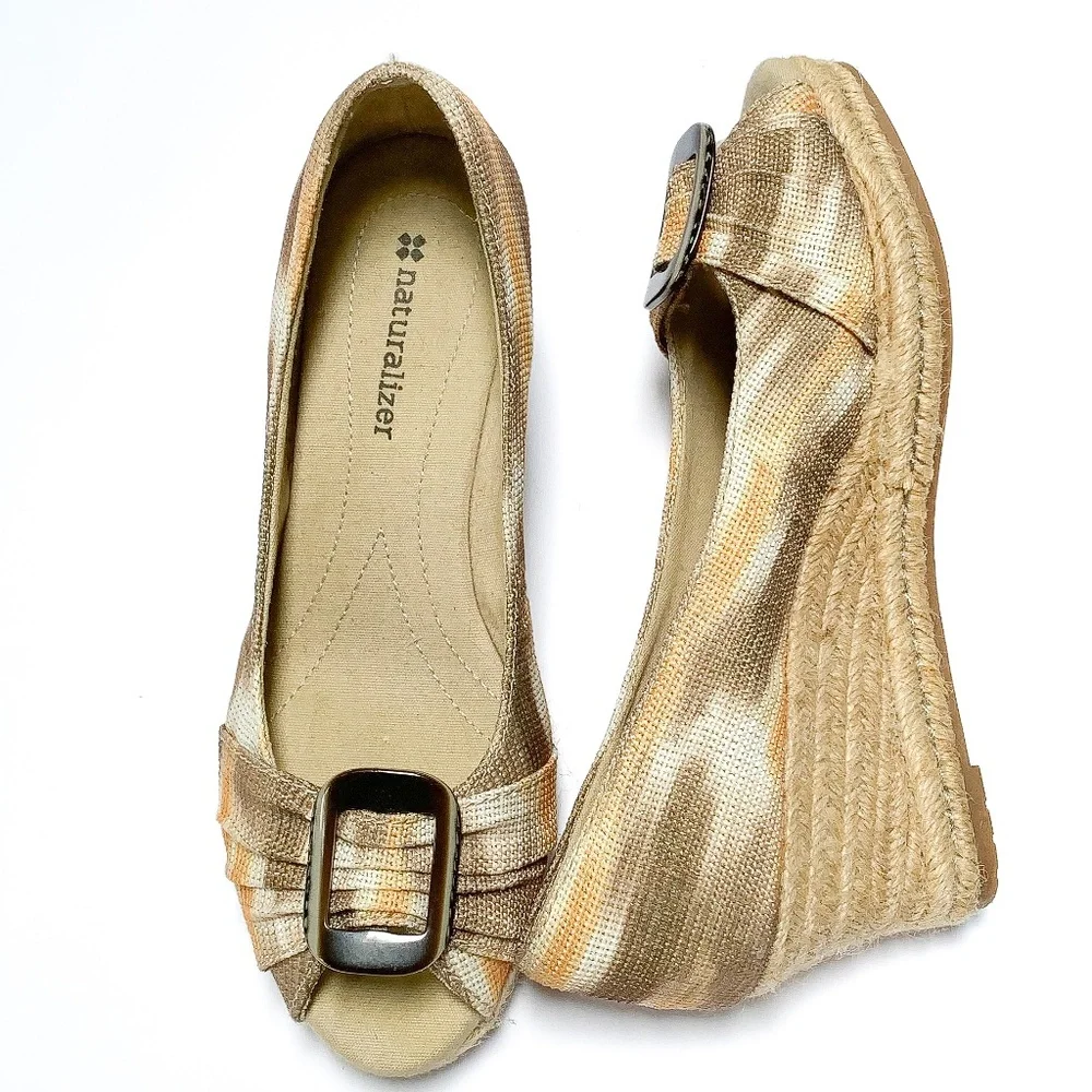 Naturalizer Metallic Tan and Gold Espadrille Wedge Flats